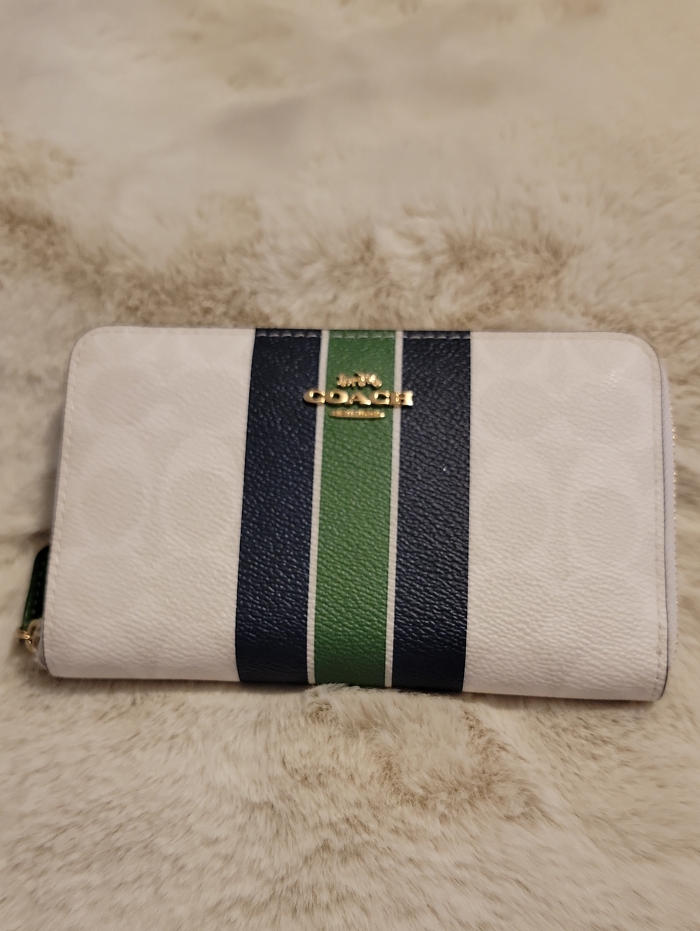 Coach White Zip-Around Wallet with Navy & Green Center Stripe. NWT
